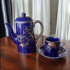 Vtg Chikaramachi Noritake Cobalt Blue Gold Bird Coffee Pot Cup Saucer Japan 40s
